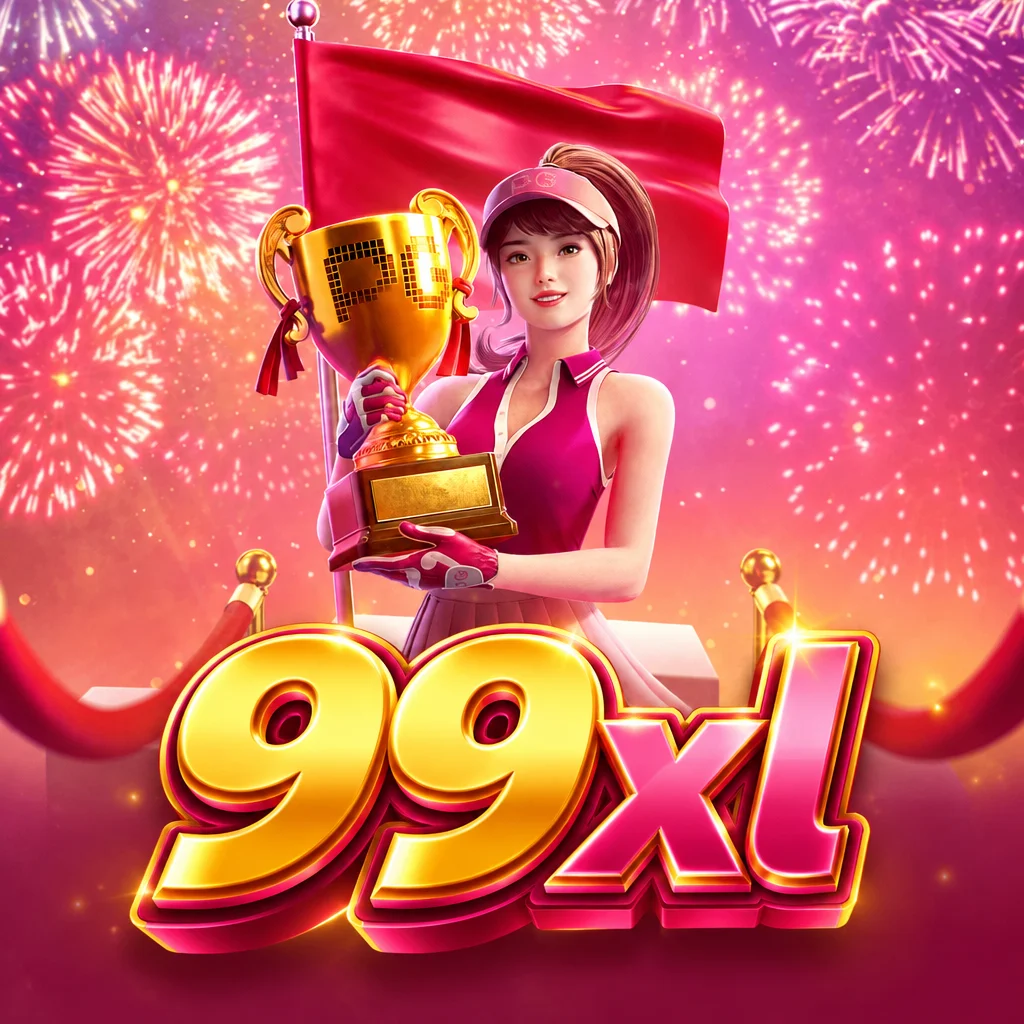 99xl menampilkan karakter atlet golf wanita memegang trofi kemenangan Super Golf Drive